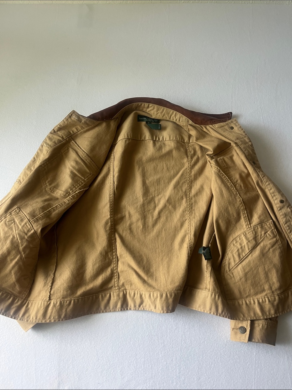 Ralph Lauren Tan Canvas Jacket with Brown Leather Collar- VTG - Picture 9 of 9